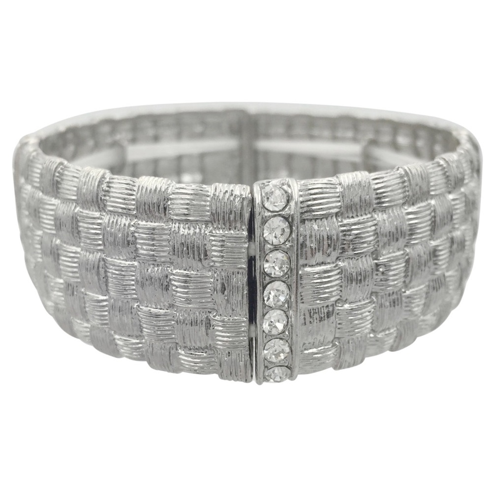 Basketweave Sliver Tone Rhinestone Statement Stretch Bracelet